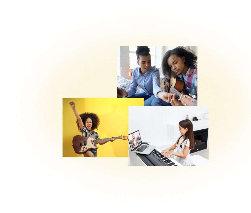 A group of kids learning to play instruments